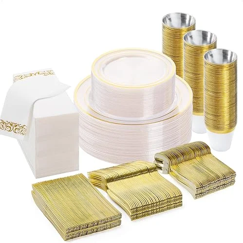 700PCS Clear Gold Disposable Dinnerware Set for 100 Guests, Plastic Plates for Party, Wedding, Include: 200 Plastic Plates, 100 Gold Silverware, 100 Cups, 100 Napkins