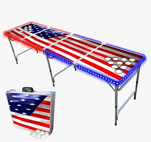 8-Foot Folding Pong Table – Choose Table Options (Base, Cup Holes, LED Lights, or Cup Holes & LED Lights) – America Edition