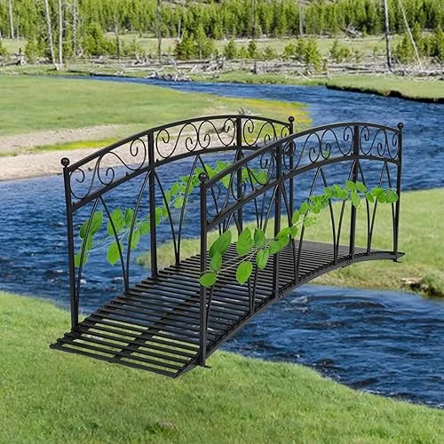 8 FT Metal Garden Bridge – Heightened Patio Outdoor Bridge with Safety Guardrails, Decorative Landscaping Iron Footbridge for Backyard Creek Lawn Stream, Black