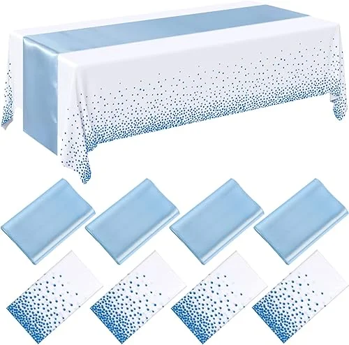 8 Pack Winter Baby Blue and White Disposable Plastic Tablecloths and Satin Table Runner Set, 54 x 108 Inch Tablecloth, 12 x 108 Inch Table Runners for Wedding Birthday Baby Shower New Year