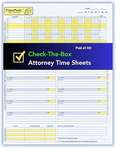 ‘Check-The-Box’ Time Sheets for Lawyers. Efficiently Records Your Billable Time, Work Activity & Costs for up to 12 Clients Per Day. Tracks 100% of Your Billable Hours. Pad of 50.