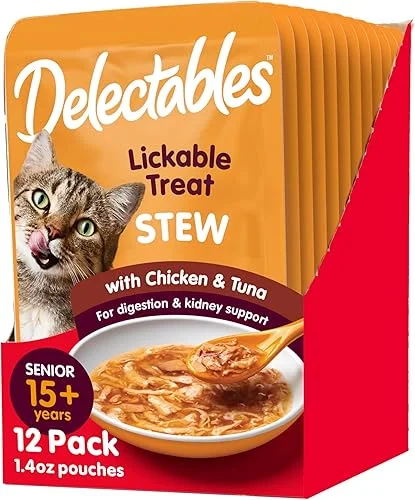 ‘Hartz Delectables Stew Senior Lickable Wet Cat Treats, Chicken & Tuna 1.4 Ounce (Pack of 12)’