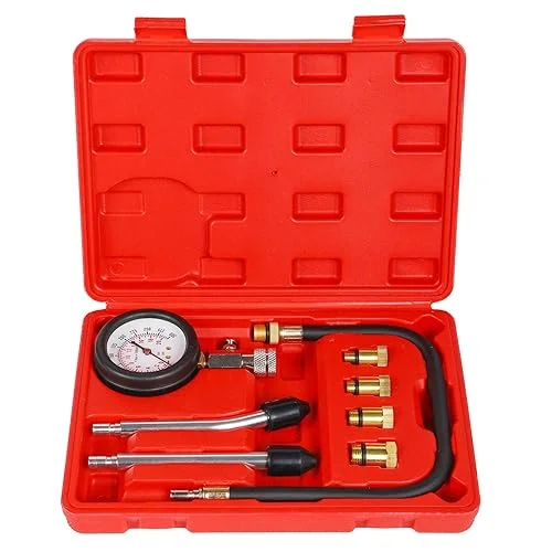 8PCS Compression Tester Kit Professional Petrol Gas Engine Cylinder Pressure Gauge 0-300 PSI Automotive Tool for Motorcycle Car Truck (Red 8pc)