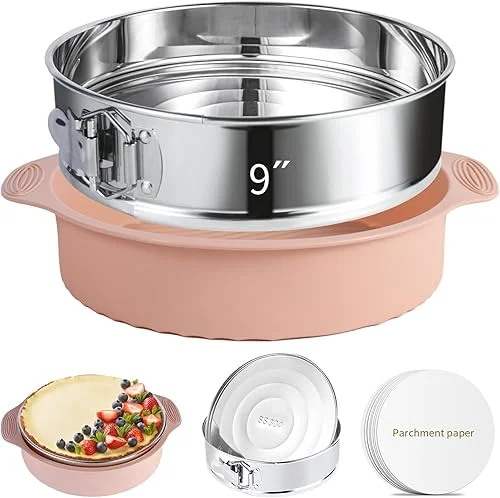 9 Inch Springform Pan – Nonstick Leakproof 304 Stainless Steel Springform Cake Pan with Removable Bottom, Silicone Cheesecake Pan Protector with Parchment Paper