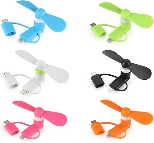 A plus Mini Cell Phone Fan 3-in-1 Mobile Phone Fans Compatible with iPhone/iPad/Android Smartphone/Tablet Fit for Micro USB/Type C/Lightning Port Fan Colorful and Powerful Fans(6-Pack)