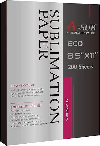 A-SUB Sublimation Paper 8.5×11 Inch-200 Sheets Heat Transfer Paper for Light Colored Fabric and Other Blanks, Works with Inkjet Printer and Sublimation Ink 125g