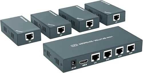 AAO HDMI Extender Splitter 1×4, 1080P@60Hz, Extending 165ft (50m) Length Transmission Over CAT5e/CAT6/CAT7 Cable, 4 Channel Transmission, 1 Power Adapter