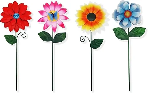 aboxoo 4 Pack Flower Garden Stakes Decor, Outdoor Metal Colorful Sunflowers Daisy Shaking Head Yard Art, Rust Proof Metal Flower Stick, Indoor Outdoor Pathway Patio Lawn Decorations