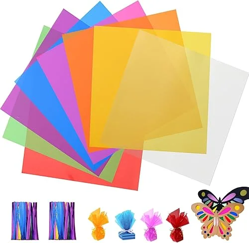 Acrux7 Cellophane Sheets 320 PCS 7.5×7.5 inch Cello Sheets, Colored Cellophane Wrap with Twist Ties for DIY Arts Crafts Gifts Decoration