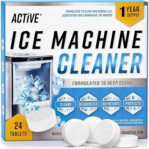 ACTIVE Ice Machine Cleaner Maker Descaler – 24 Clean Tablets Compatible with Frigidaire, Opal, GE Profile, Kitchenaid, Nickel Safe Scale Remover for Countertop, Nugget Ice Makers – Bulk 1 Year Supply