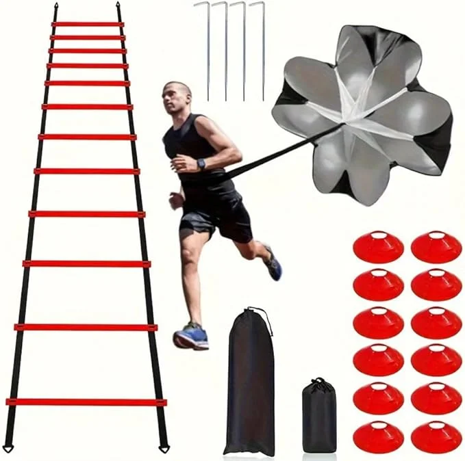 Agility Ladder Speed Training Equipment Set 20ft Agility Ladder, 4 Steel Stakes, 12 Soccer Cones, Running Parachute and Carry Bag, Speed Training Equipment for Soccer Football Basketball