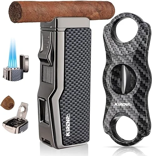 All-in-one Cigar Lighter with V Cigar Cutter, Built-in Cigar Punch, Cigar Holder, Quad Windproof Jet Flame, 4 in 1 Refillable Torch Lighter Set with Gift Box, Cool lighters for Smoking, Birthday