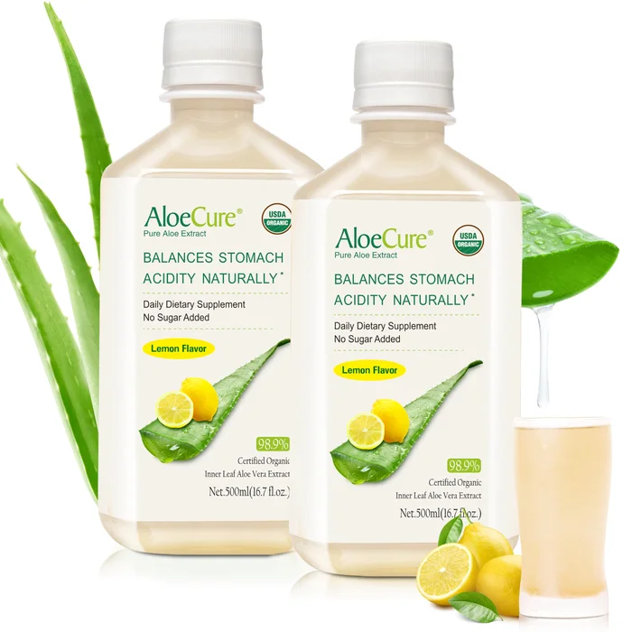 AloeCure USDA Organic Aloe Vera Juice Lemon Flavor – Made Within 12 Hours of Harvest – Natural Stomach Acid Buffer to Support Digestive Comfort, Immune System, and Balanced Stomach Acidity – 2x500ml