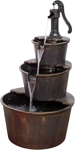 Alpine Corporation TEC234BR Outdoor Floor Tiered Rustic Pump and Barrel Water Fountain, Old-Fashioned Waterfall, 40′, Brown