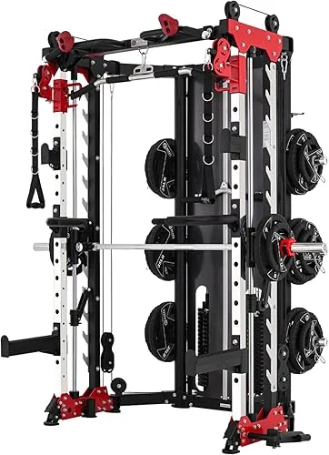 Altas Strength Folding Home Gym Smith Machine with Pulley System Gym Squat Rack Weight Bar Upper Body Strength Training Leg Developer Commercial Fitness Equipment Included Accessories 3107