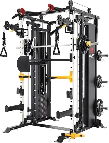 Altas Strength Light Commercial Smith Machine Home Gym with Pulley System Squat Rack Pull-Up Bar Total Body Cage Workout Equipment Tower Weight Lifting Leg Press Strength Training 3087B