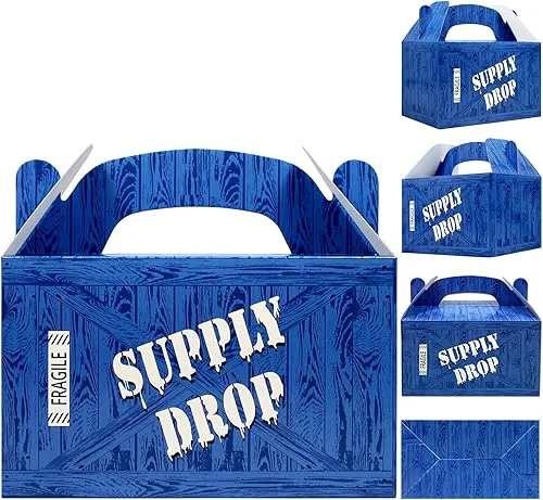 AnapoliZ Supply Drop Favor Box | 24 Count Party Treat Boxes | Battle Gamers Goodie Loot Drop Box | Blue Crate Party Supplies Gamer Decorations