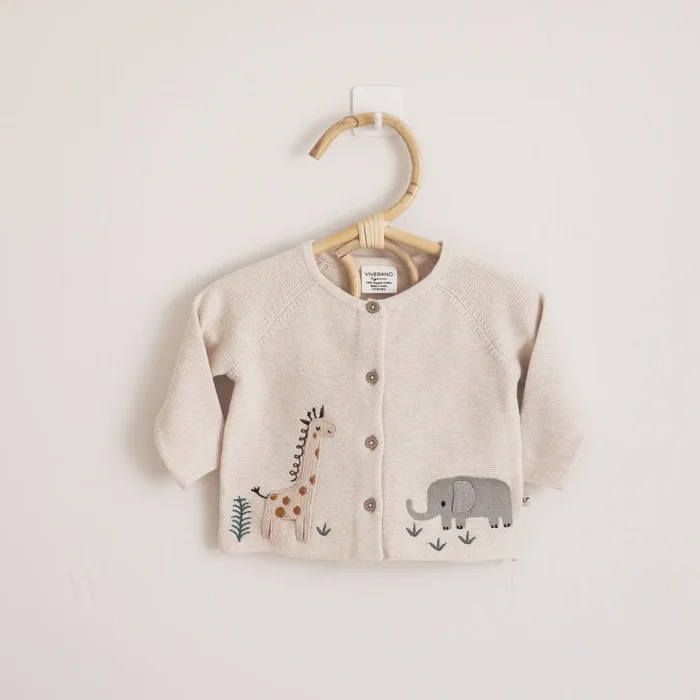 Animal Safari Embroidered Baby Cardigan Sweater (Organic) Natural