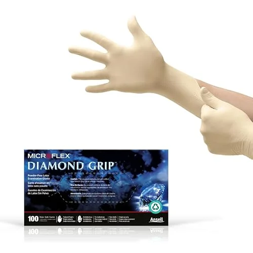 Ansell Microflex Diamond Grip MF-300 Disposable Latex Gloves for Automotive, Healthcare, Machinery Industries – Large, Natural (Box of 100)