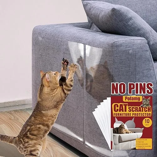 Anti Cat Scratch Furniture Protector-10 Pack Single Side Couch Protector for Cats, Self-Adhesive Cat Tape for Furniture, Clear Scratch Deterrent for Door Walls (10P NO Pins)