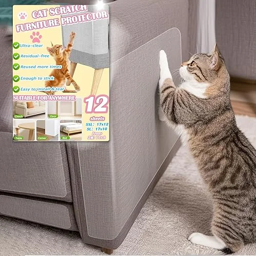 Anti Cat Scratch Furniture Protector – 12 Pack, Clear, 17×12 – Cat Couch Corner Protectors, Cat Scratch Deterrent Tape, Strong Sticky, 60 Pins