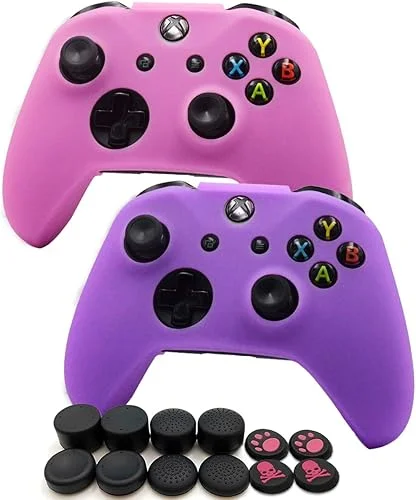 Anti-Slip Soft Silicone Cover Skin Set for Microsoft Xbox One Controller which 2pcs Purple/Pink Controller Skin + 8pcs Thumb Grip Caps