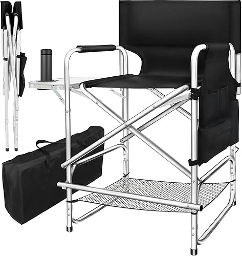 AQNIEGEP Makeup Chair for Makeup Artist 41′ Tall Folding Directors Chair Makeup Artist Chair for Clients Directors Chair with Side Table Cup Holder Footrest Bags 400 lbs Load