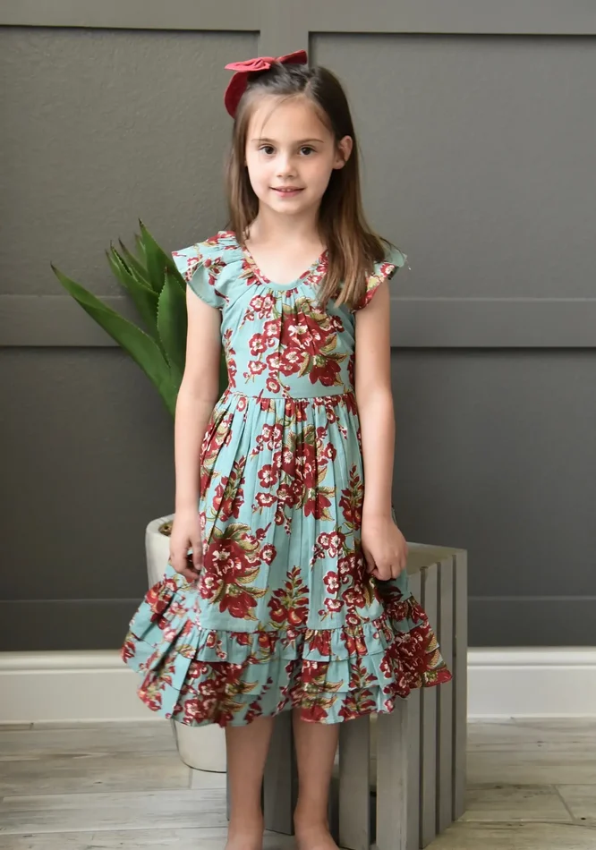 Aqua Printed Floral Ruffle Dress with Belt
