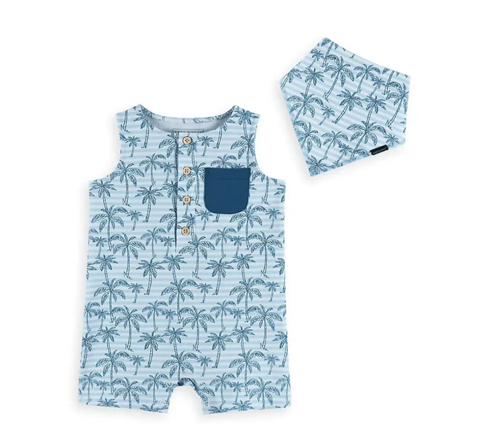 Aqua Stripe & Palms Romper With Matching Bib