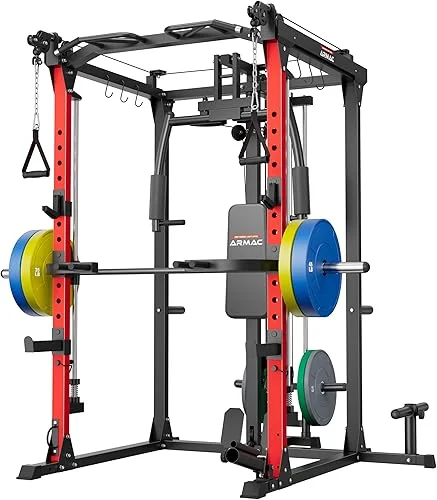 ARMAC Smit Machine Set, 2000LBS Power Cage Squat Rack with Barbell & Dumbbell Plates, Two LAT Pull-Down Systems, Cable Crossover Machine and and More Cable Attachment for Home Gym