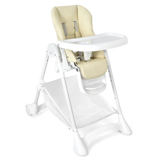 Baby Convertible Folding Adjustable High Chair with Wheel Tray Storage Basket -Beige