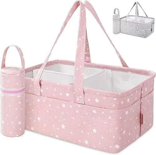 Baby Diaper Caddy Organizer – Baby Shower Basket | Large Nursery Storage Bin for Changing Table | Car Travel Tote Bag | Newborn Registry Must Have | Bonus Bottle Cooler | Pink