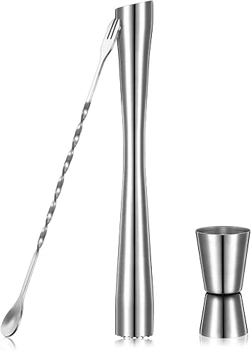 Baderke Stainless Steel Muddler Set for Cocktails Include 10 Inch Bar Muddler, Mixing Spoon and Measuring Jigger Professional Bar Accessory Tools for Making Mojitos, Margaritas and Other Fruit Drinks