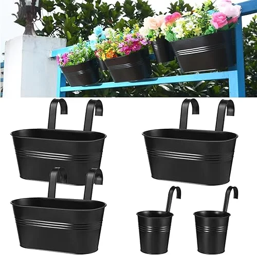Balcony planters Railing Hanging planters for Outdoor Plants Deck Railing Planter Boxes Window Boxes planters,Fence planters,Flower pots,herb Garden Planter Plant Traps (5, Matte Black)