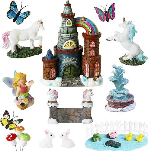 BangBangDa Unicorn Figurines Fairy Garden Accessories – Miniature Unicorn Gift Set Outdoor Garden Decoration – Fairy Figurines Castle Fountain Girl Birthday Gifts (Set of 23)