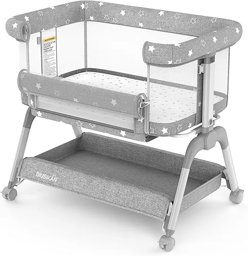 Bassinet Bedside Sleeper, Baby Crib with Mattress, Baby Bedside Bassinet with Adjustable Height & Upgraded Wheels, All Mesh Portable Bassinet for Co-Sleeping, Baby Bed for Newborn