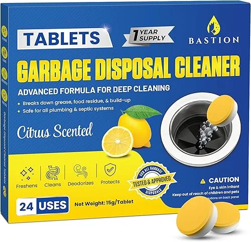 Bastion Garbage Disposal Cleaner Deodorizer Tablets – 24 Pack (1 Year Supply) Powerful Foaming XL 15g Fresh Citrus-Scented Foam Freshener Tabs Clean, & Eliminate Garburator Disposer Sink Odors