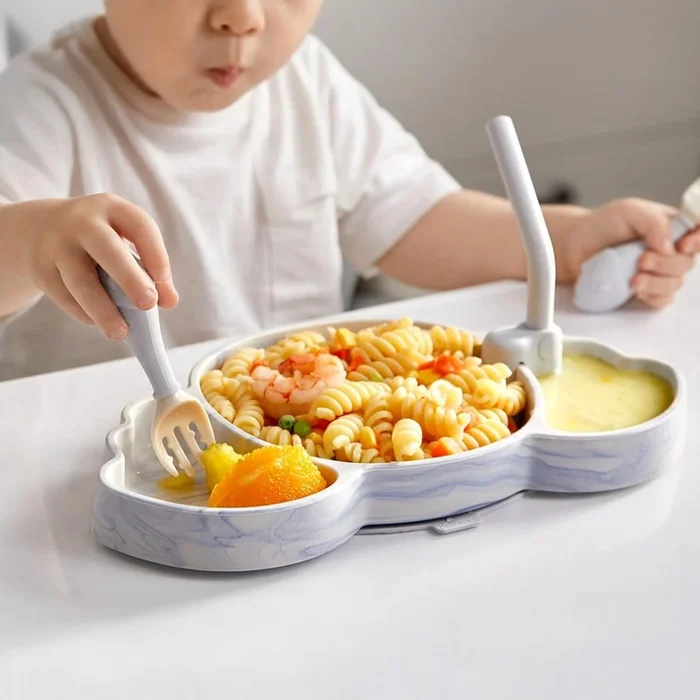 BC BABYCARE Baby 3-in-1 Silicone Dinnerware Set, Including Spoon, Fork and Straw, Blue