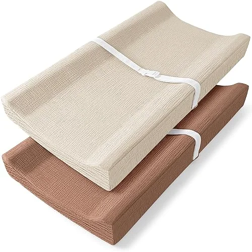 Bearmoss Changing Pad Cover, 2 Pack Muslin [100% Cotton] Diaper Changing Table Covers, 32'' x 16'' Soft Breathable Changing Pad Sheets for Unisex Baby Girls and Boys with Strap Holes (Cappuccino)