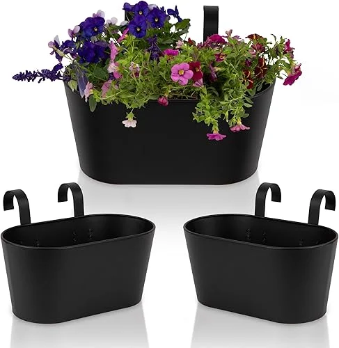 Beautiful Hanging Flower Pots for Outside Railing Or Fence – Stylish Set of 3 Outdoor Planters For Any Balcony, Porch or Deck – Window Planter Boxes Are Perfect to Grow Fresh Herbs & Flowers at Home