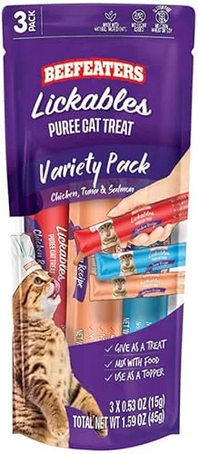 Beefeaters Cat Treats – Variety Pack Lickable Puree 1.59oz, Case of 12 | Cat Food Salmon, Tuna, Chicken | Grain-Free, Taurine-Enriched | Training Treats – Interactive Feeding | Wet/Dry Food