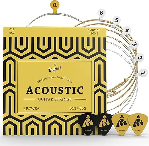BELFORT® quality acoustic guitar strings – 6 string set – Premium coating with Phosphor Bronze (guitar strings acoustic 6 string set) BONUS: 4 Picks + 1 High E String – cuerdas para guitarra acustica