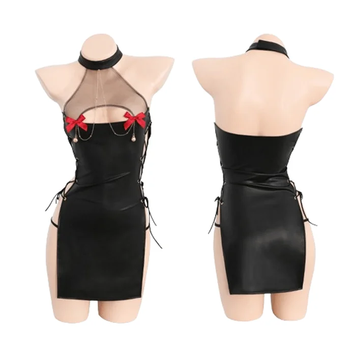 Bell Bow Trimmed Chest Dress Leather Dress Erotic Lingerie Sexy Set