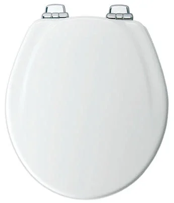 Benton Round Wood Toilet Seat, White Enamel, Never Loosens, Slow-close Chrome Hinge