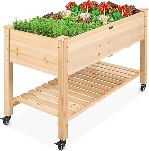 Best Choice Products Raised Garden Bed 48x24x32-inch Mobile Elevated Wood Planter w/Lockable Wheels, Storage Shelf, Protective Liner – Natural