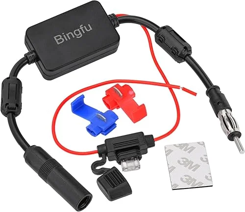 Bingfu Universal Car Stereo FM Radio Antenna Signal Booster Amplifier Amp,12V Power Supply DIN Plug Connector Adapter for Vehicle Truck SUV Car Audio Radio Stereo Media Head Unit Receiver
