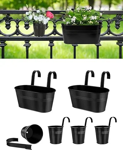 Black Metal Railing Planter for Outdoor Plants – 6 Pack Balcony Hanging Flower Pots with Detachable Hooks and Drain Holes Oval Bucket Rail Box Fence Planters for Home Garden Decor (11 & 4 Inch)