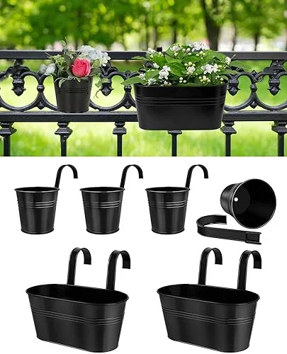 Black Metal Railing Planter for Outdoor Plants – 6 Pack Balcony Hanging Flower Pots with Detachable Hooks and Drain Holes Oval Bucket Rail Box Fence Planters for Home Garden Decor (11 & 5 Inch)