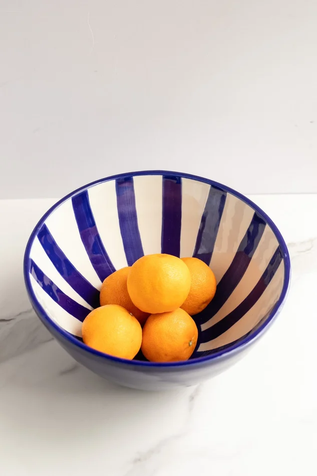 Blue and White Striped Ceramic Serving Bowl