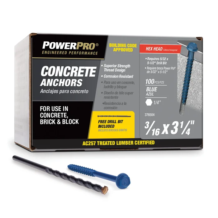Blue Hex Washer-head Concrete Screw Anchors (3/16″ X 3-1/4″) – 100 Pc